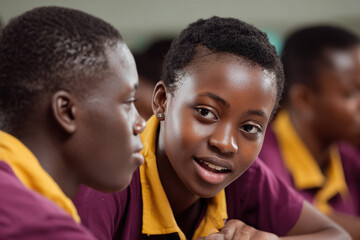 Engaged students during classroom discussion with focus on inquisitive girl in uniform.  Encourages collaboration and critical thinking.