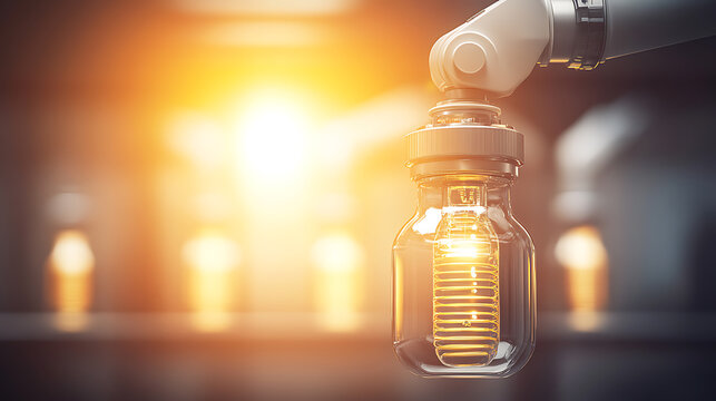 Robotic Arm Holding a Glass Jar with Illuminated Filament Inside - Powered by Adobe