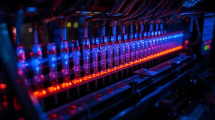 A DNA sequencing machine with glowing lights and complex wiring.