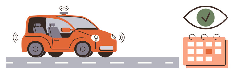 Self-driving car with tech sensors on the road, accompanied by icons for monitoring, validation, and scheduling. Ideal for technology, future mobility, smart cities, innovation, AI automation