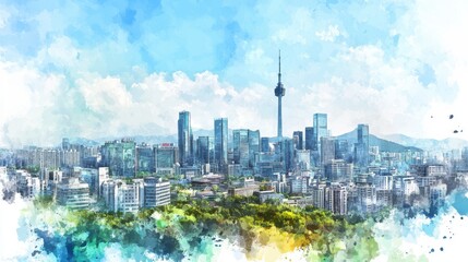 Serene cityscape with modern buildings and a peaceful tower