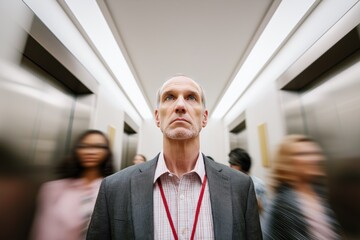 Senior businessman standing still between elevator doors as people rush by, looking up with serious expression. Middle aged corporate professional detached from busy office environment.