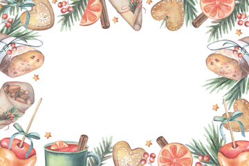 Horizontal frame with festive food: stollen, mulled wine, caramel apples... Hand-painted watercolor illustration isolated on white for cards, invitations, packaging, menus, textiles, holiday decor.