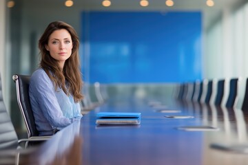 Calm and confident young woman sitting alone at long boardroom table in bright modern office. Business professional preparing for meeting, presentation, or leadership discussion with corporate team.