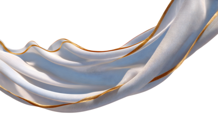 Elegant draped fabric with gold trim, isolated on transparent background