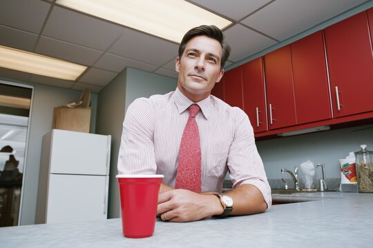 Confident businessman sitting in office kitchen during break, wearing pink shirt and red tie, looking at camera with slight smile. Professional male employee taking a moment in casual workplace - Powered by Adobe