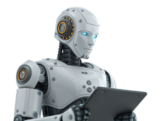 A humanoid robot with blue eyes holding a dark gray tablet against a plain white background in studio light