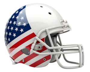 Close up of a white football helmet decorated with the american flag isolated on a white background