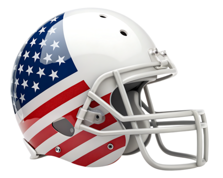 Close up of a white football helmet decorated with the american flag isolated on a white background