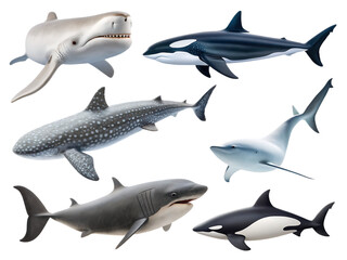 Naklejka premium A collection of various shark species including great white whale and orca on a black background