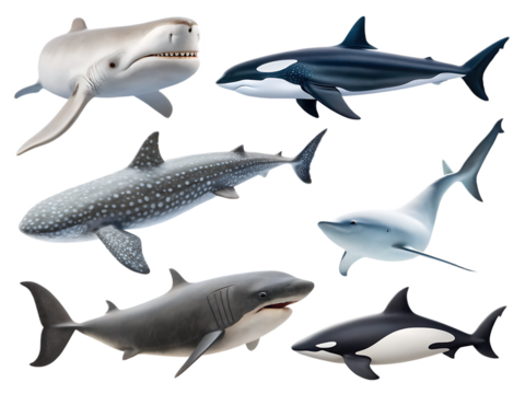 A collection of various shark species including great white whale and orca on a black background