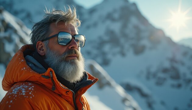 Contemplative man in orange jacket on snowy mountain