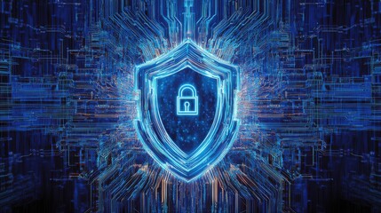 Digital shield and padlock glowing in abstract environment