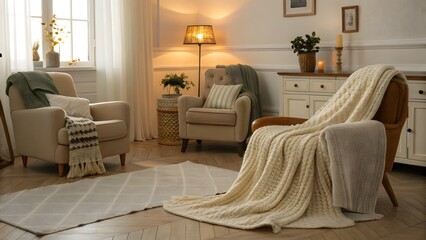 A cozy living room with armchairs, blankets, a floor lamp, and a white cabinet in soft lighting
