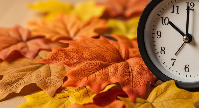 Clock dial rests among autumn artificial leaves. Daylight saving time change concept. Fall season and time passing idea. - Powered by Adobe