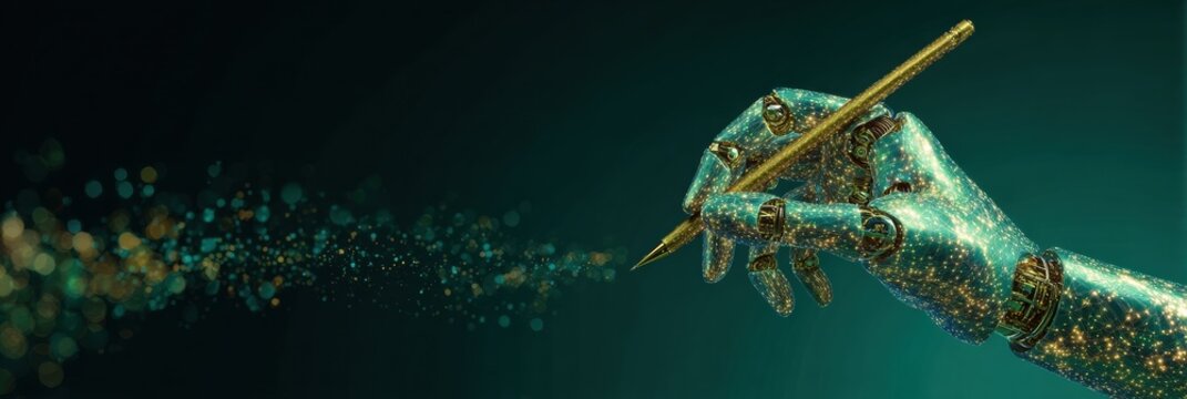 A robotic hand elegantly holds a golden pen, leaving a trail of sparkles in a dark green backdrop, symbolizing creativity and innovation.