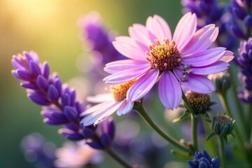 Fototapeta premium Close-up of a bouquet of lavender, chamomile, and rose buds, emitting a calming, mellow aroma Soft, diffused sunlight enhances the gentle fragrance , petals, blossom