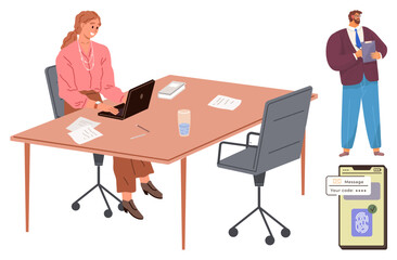 Woman working at a desk with documents, man holding a device, secure login code panel. Ideal for workplace collaboration, productivity, digital security, technology, professionalism, teamwork simple