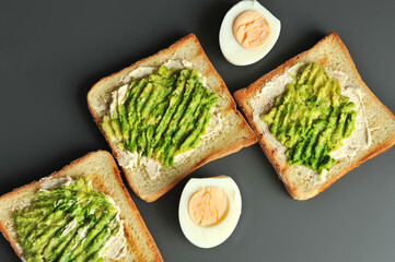 Breakfast consisting of toast with avocado and eggs. Healthy breakfast.
