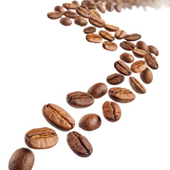 Naklejka premium Roasted Coffee Beans Falling in Mid-Air — a stream of aromatic roasted coffee beans captured in motion, isolated on a transparent background, highlighting natural energy and fresh beverage concepts