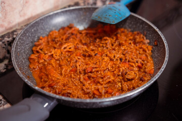 Mince meat with chopped carrots and homemade tomato sauce cooking on frying pan on induction stove. Cooking delicious dish with fresh mince meat, vegetables and tomato sauce at home.
