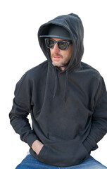 Man wearing hoodie and sunglasses with transparent background