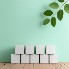 Photorealistic scene with mint green top, green leaves in top right, stacked light gray rectangles, and wooden bottom, 80% similar to reference