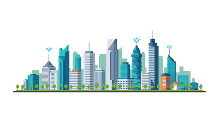 Modern urban skyline with skyscrapers and smart city elements