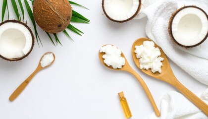 Flat lay Coconuts, oil, spoons, & towel lie on a white surface with green fronds, promoting natural wellness & self-care