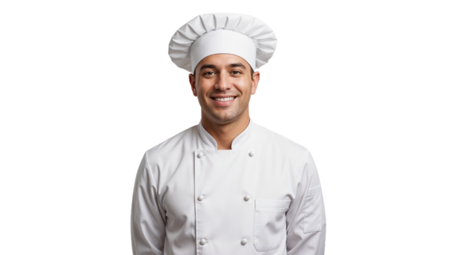 Chef wearing a traditional uniform and hat stands smiling in a bright kitchen setting