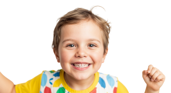 Happy child with joyful expression celebrating in bright colorful shirt
