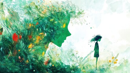 Pensive girl in mystical outdoor landscape with serene woman