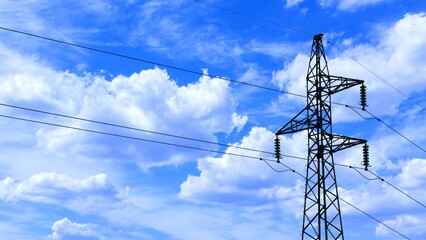 Steel lattice transmission tower with high-voltage power lines set against a vibrant blue sky with fluffy white clouds