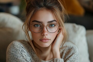 Serious young woman in glasses and casual clothes, sitting on the sofa at home, gazing intently at the camera with one hand near her chin, Generative AI