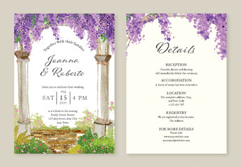 Watercolor Floral Arch Wedding Invitation Card with Purple Wisteria Design