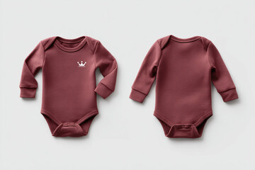 Maroon baby bodysuit with long sleeves and a white crown design, shown in both front and back views on a neutral surface.