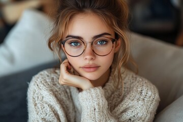 Serious young woman in glasses and casual clothes, sitting on the sofa at home, gazing intently at the camera with one hand near her chin, Generative AI
