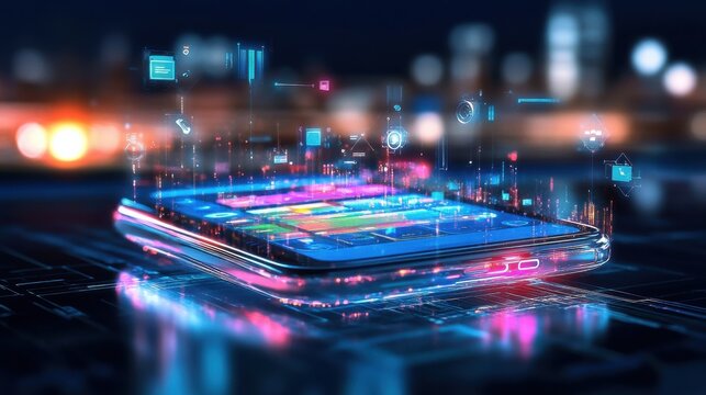 Smartphone displaying vibrant digital interface in city at night