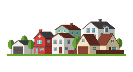 Charming suburban neighborhood with colorful houses and green trees