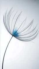 Minimalistic illustration of a silhouette of a single dandelion head in light colors on a white background, with a bright blue spot at the center of the head.