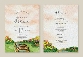 Elegant Watercolor Wedding Invitation Card with Landscape and Floral Details