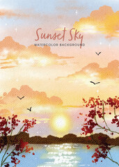 Artistic Watercolor Sunset Sky Landscape with Tree Silhouettes Illustration