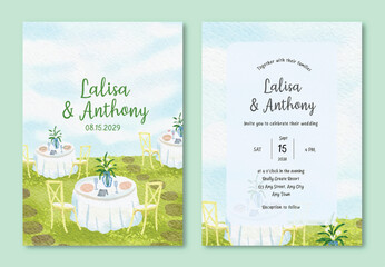 Watercolor Artistic Wedding Invitation Card Template with Garden Party Scene