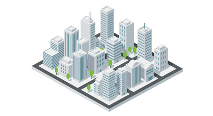 Isometric cityscape with modern buildings and streets in a minimalist urban design
