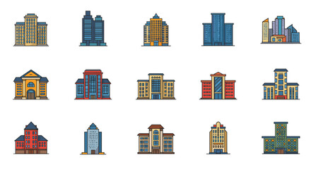 Colorful cityscape icons depicting diverse urban buildings in linear style