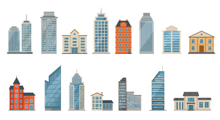Obraz premium Diverse urban building set featuring modern and classic architecture designs