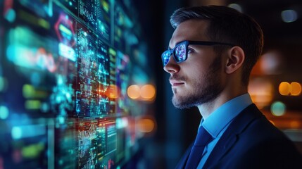 Serious young man observing data on large screen in office at night
