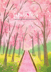 Gentle Watercolor Sakura Trees Path Landscape Artistic Floral Illustration