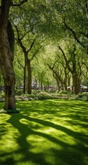 Sunny park scene with dappled shadows. Lush green trees and grass