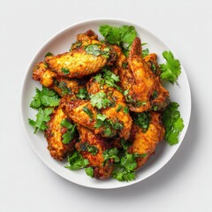 Fototapeta premium Crispy chicken wings, seasoned and garnished with cilantro, on a white plate